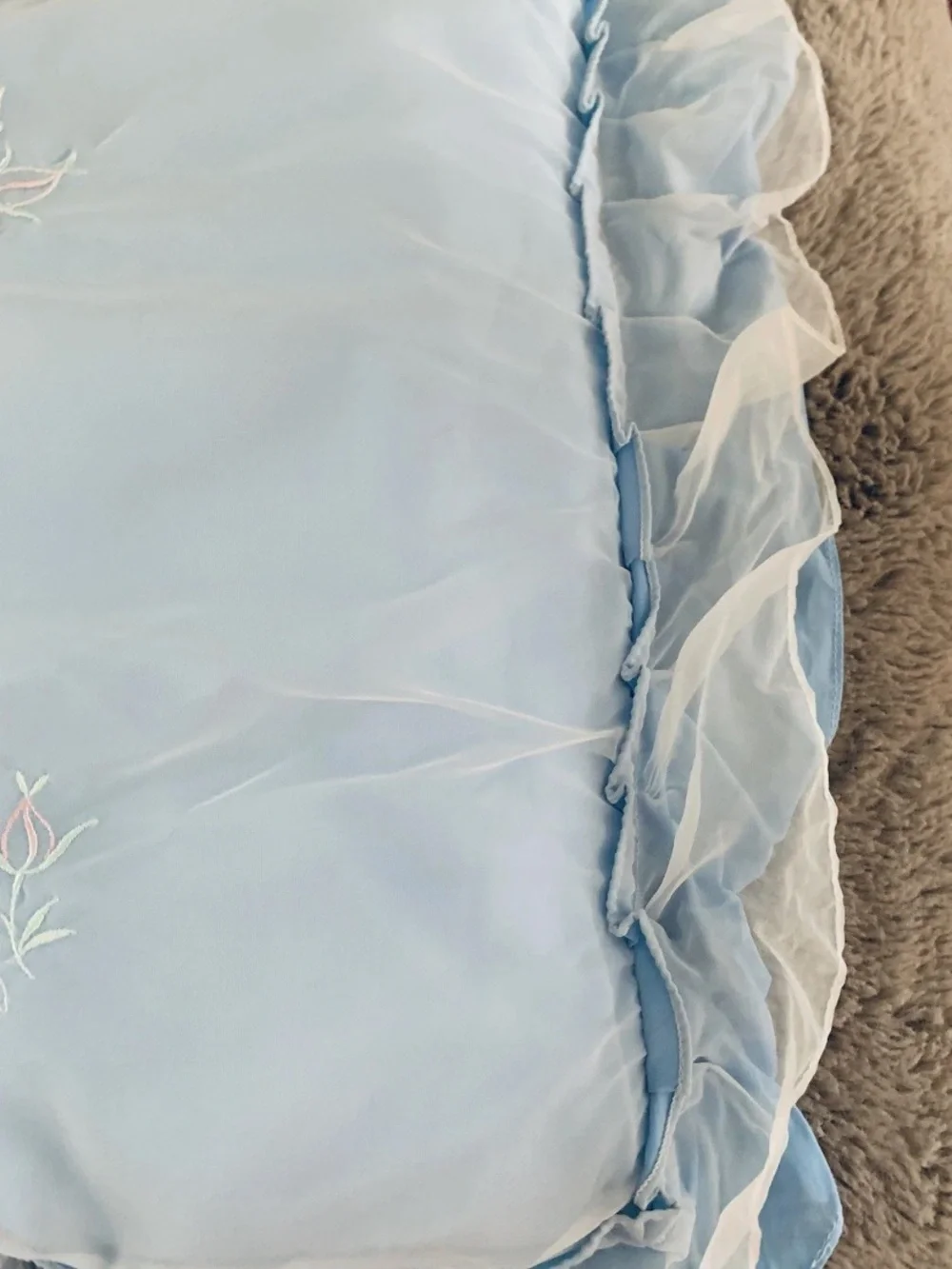 Vtg Leacril Layover Pillow Sham Light Blue Ruffle Roses Granny Victorian